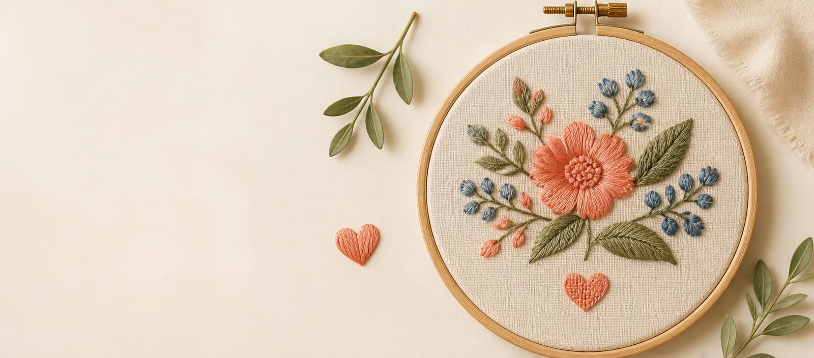 Bastidor com matriz floral em coral, sálvia e azul